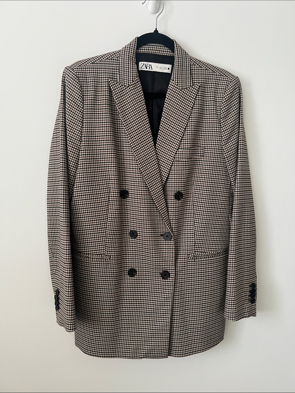 Zara Double-Breasted Houndstooth Blazer - Black & Cream